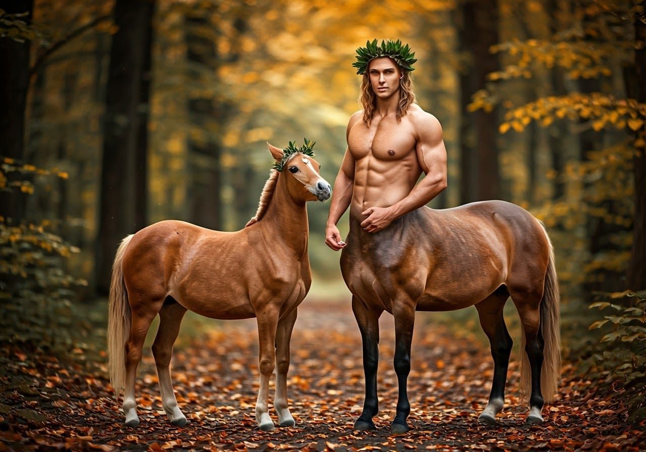 Regal Centaur Prince and Colt in Autumn Forest