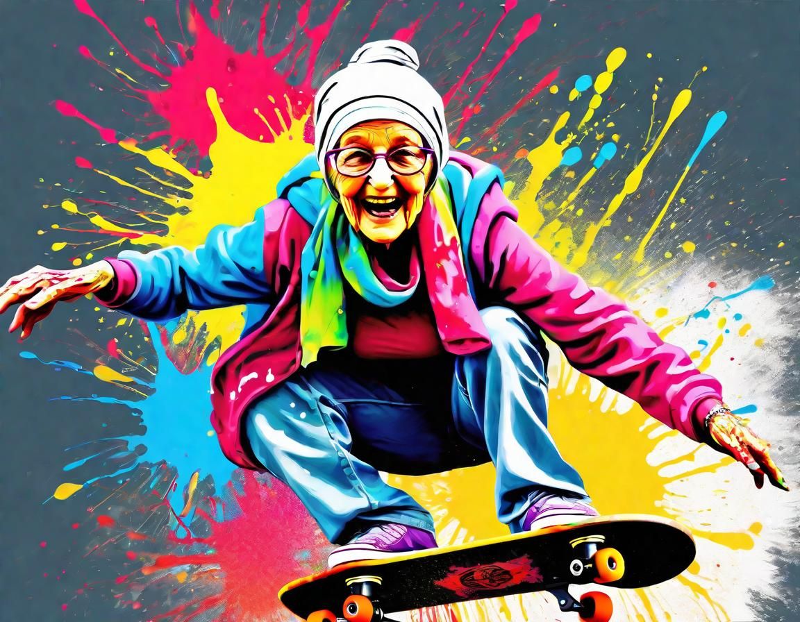 Dynamic Splash Art Skateboarder Grandma Street Art