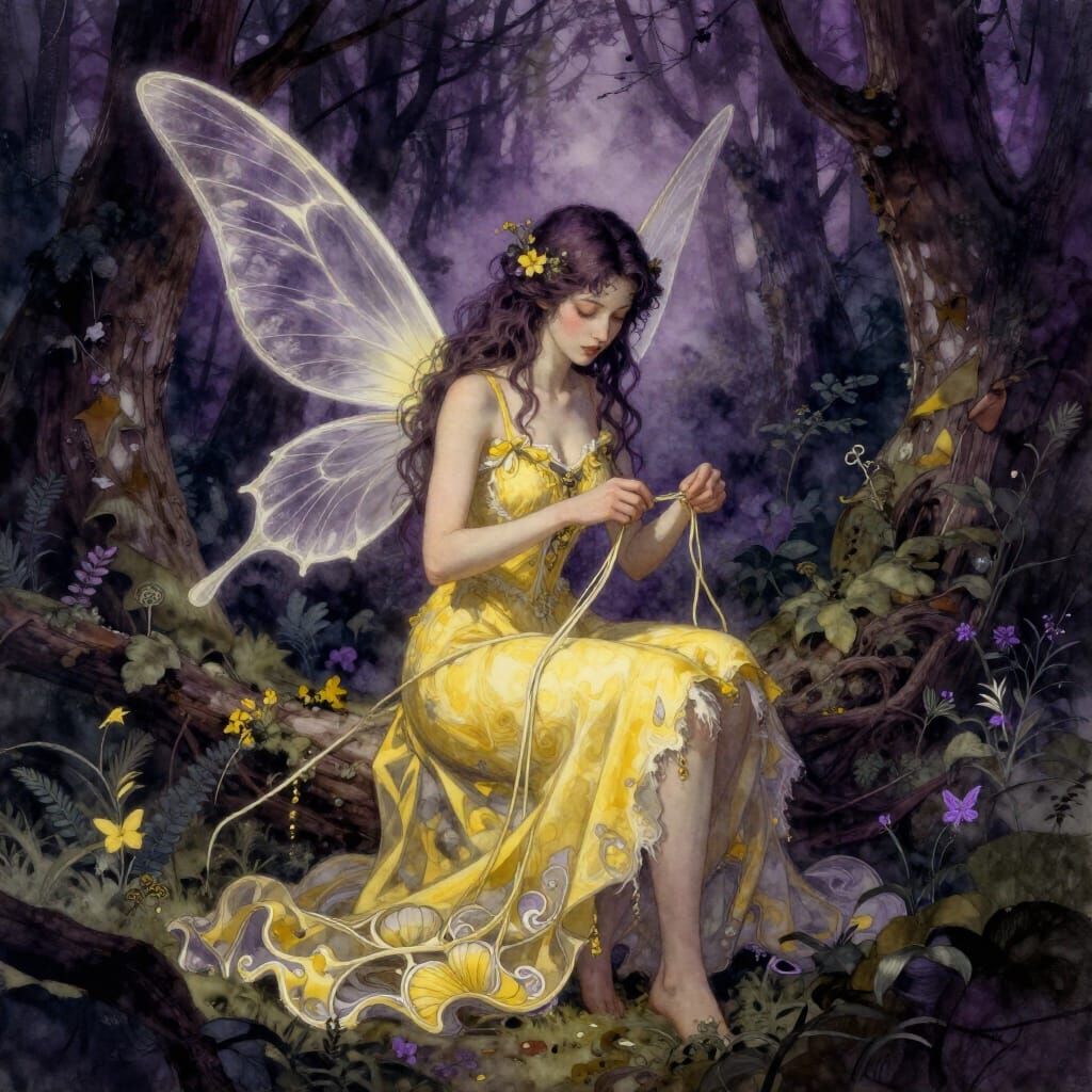 Gothic Fairy Weaving Dress in Dark Forest Watercolor