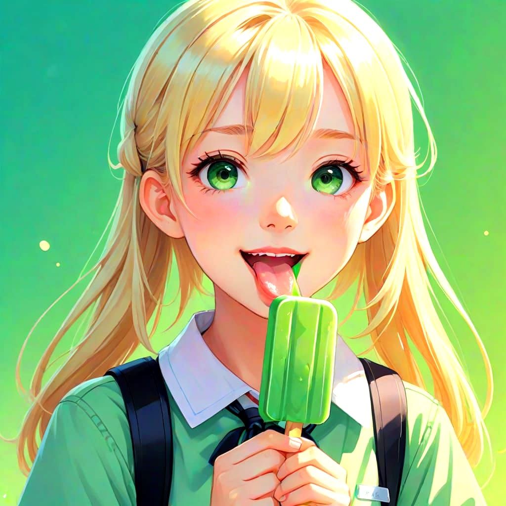 Blond Schoolgirl with Popsicle in Anime Style