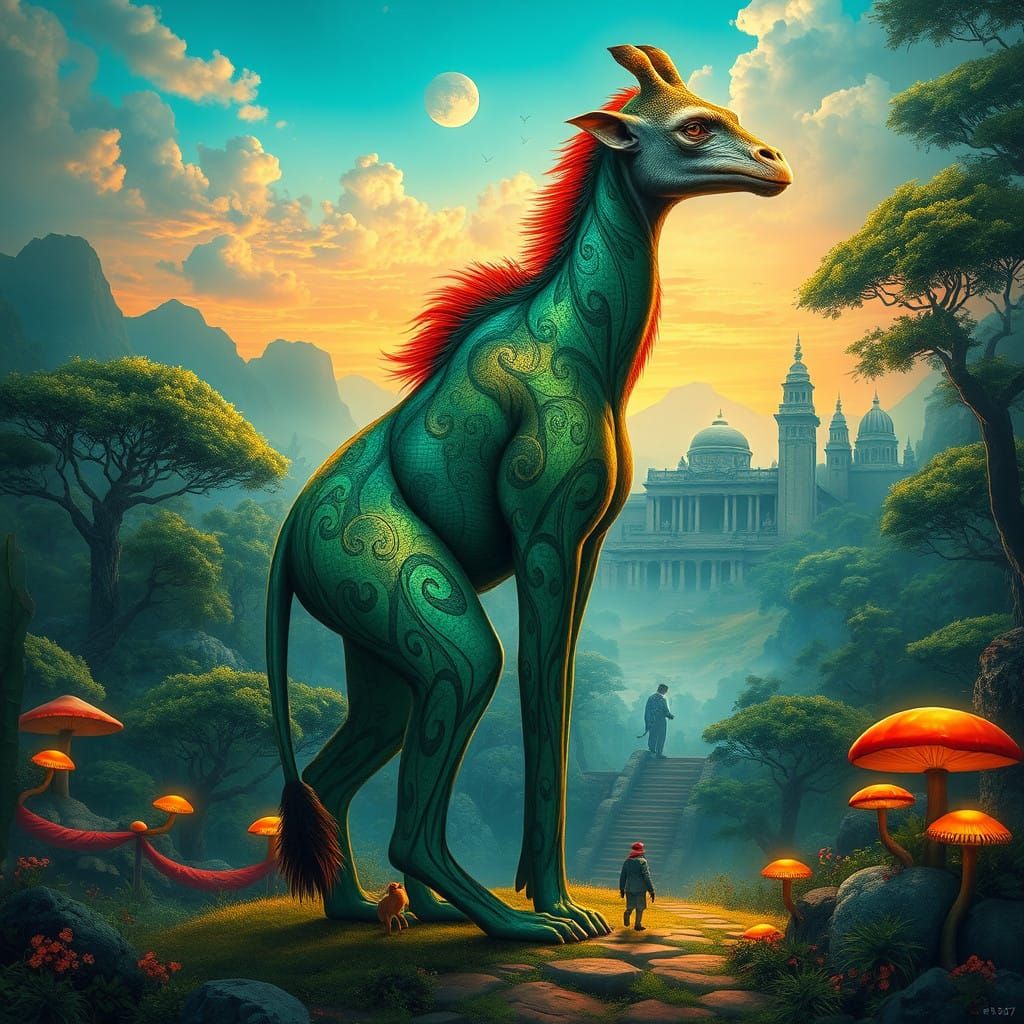 Surreal Monkey-Giraffe Hybrid in Vibrant Fantasy Landscape