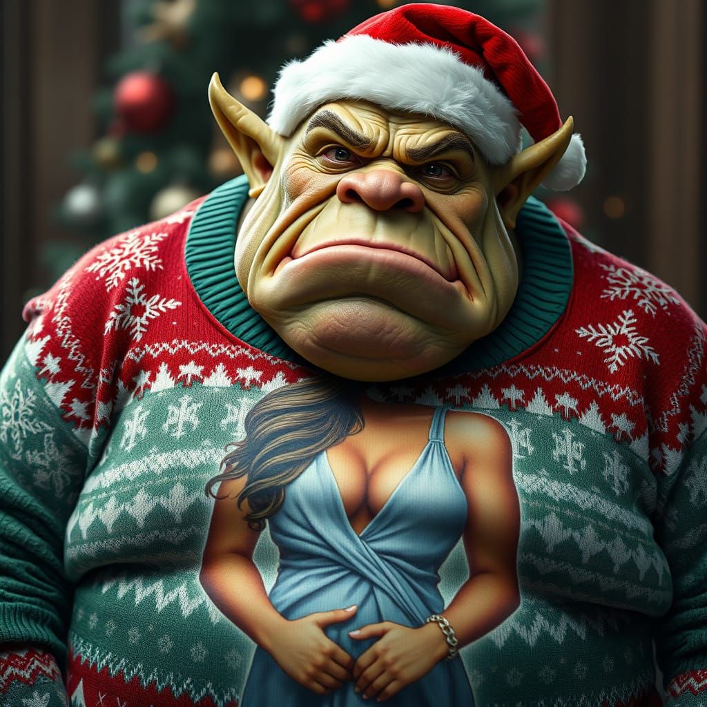 A Photorealistic Macro Image of an Ogre in a Christmas Sweat...