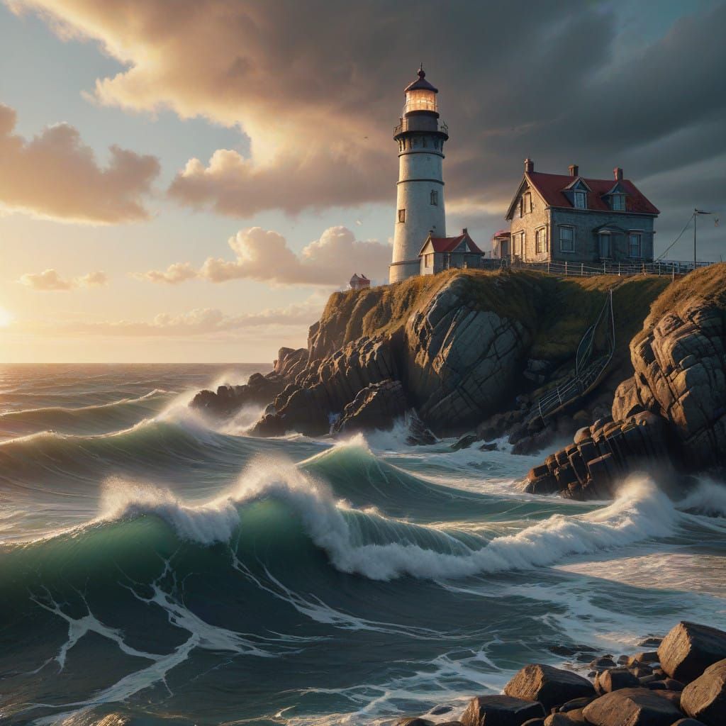 Dreamlike Oceanscape with Majestic Lighthouse in Golden Hour