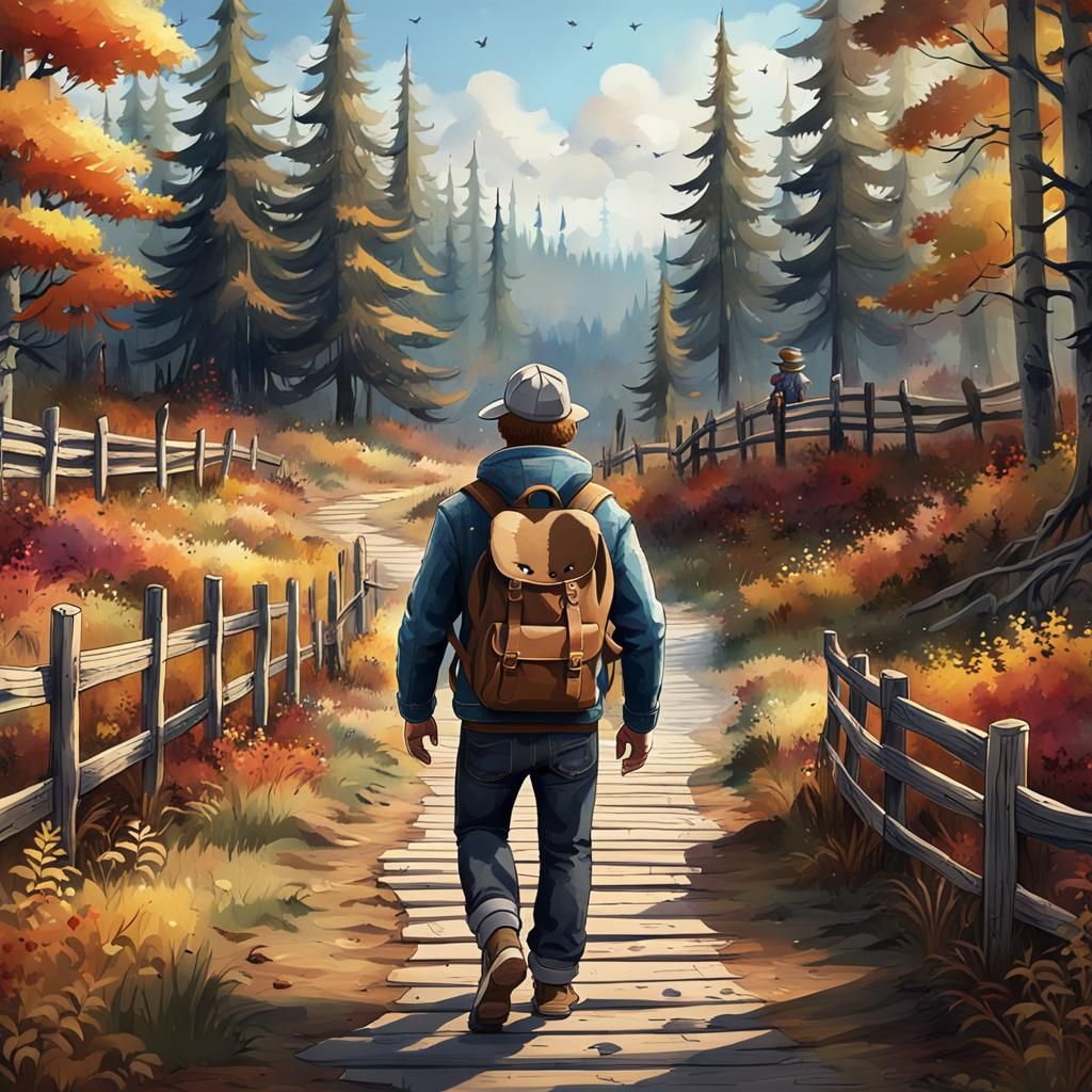 Father and Child Bear Walking into Autumn Forest