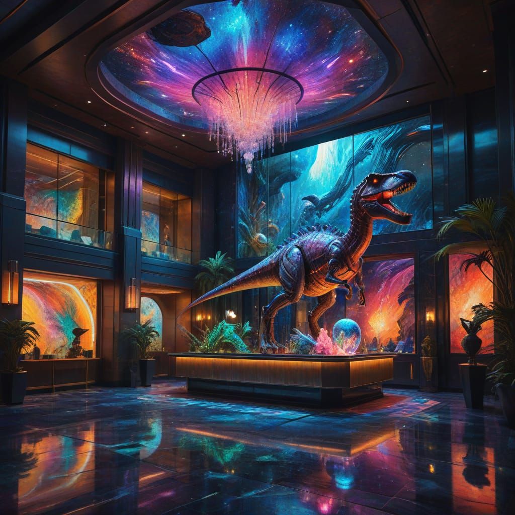 Futuristic Hotel Lobby with Dinosaur Sculptures