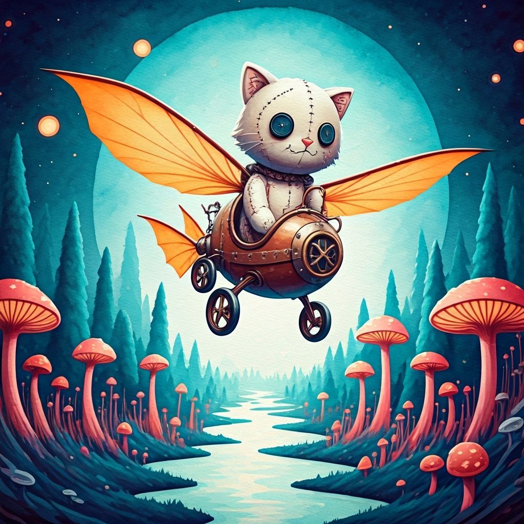 Steampunk Cat Pilots Flying Machine in Whimsical Watercolor