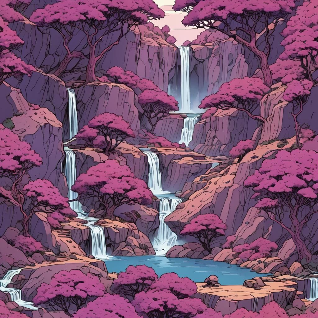 Purple Trees Cascade in Minimalist Moebius Style