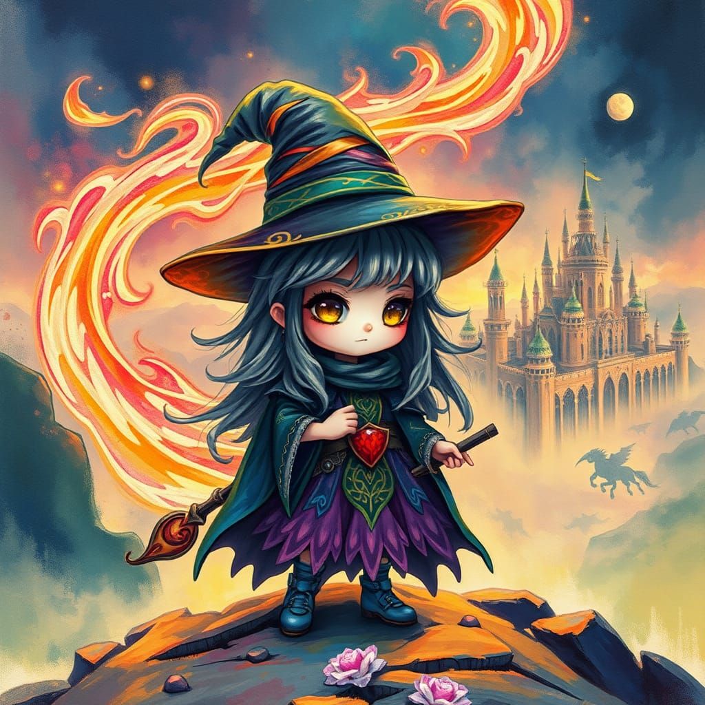 Vibrant Chibi Witch in Fluorescent Impasto Style