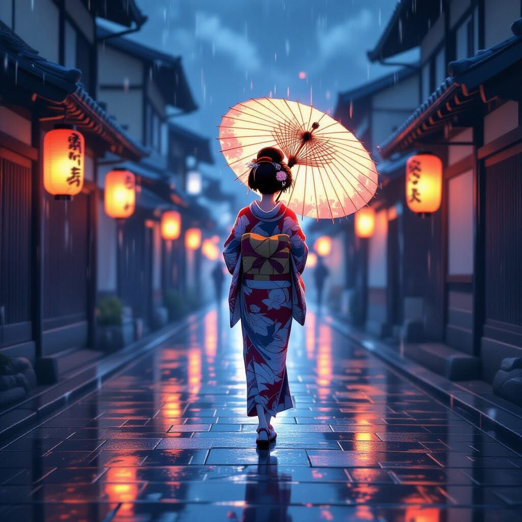 Anime Geisha With Glowing Umbrella on Rainy Kyoto Street