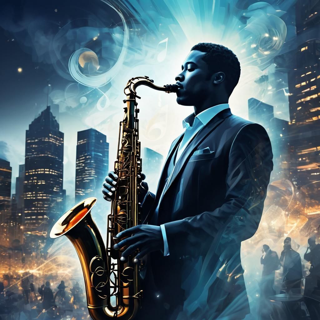Jazz Musician in Cityscape: Fantasy Oil Illustration
