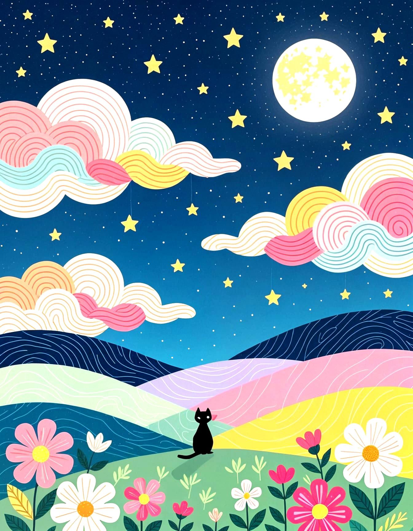 Whimsical Starry Night Landscape with Cat in Yarn Fiber Art ...