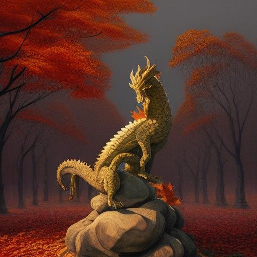 Stone Dragon Statue with Autumn Leaves, Digital Illustration