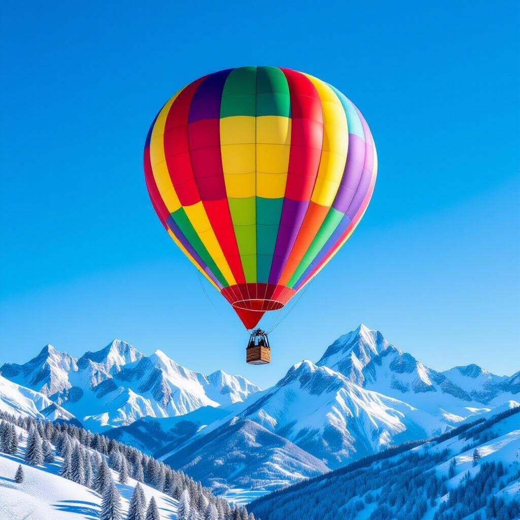 Multicolored Hot Air Balloon Over Snow-Capped Mountains