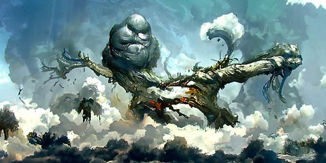 Cyclops Giant Throws Tree in Cloudy Sky