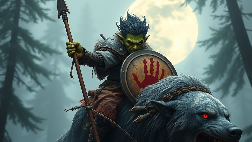 Dark Fantasy Goblin Warrior Rides Fierce Wolf Under Ethereal...