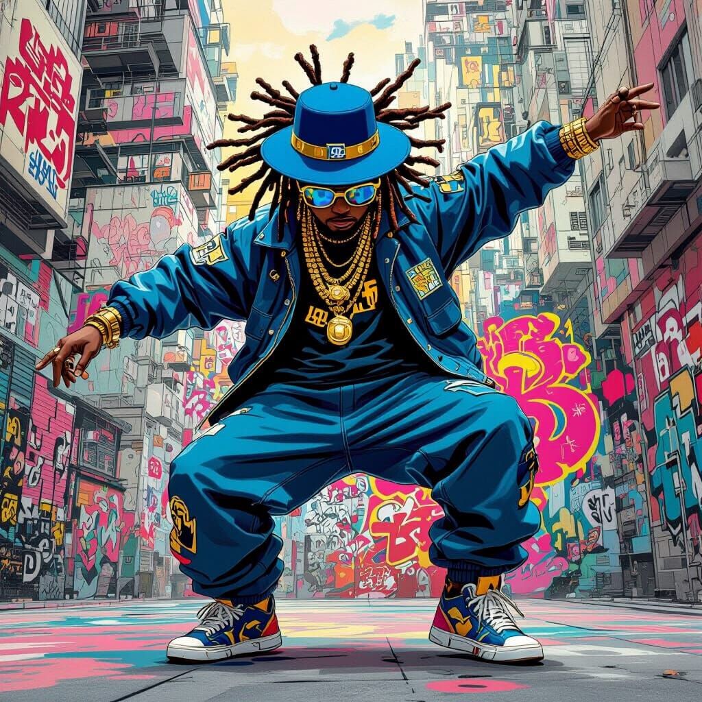 Breakdancer in a Futuristic City Street Art Mural