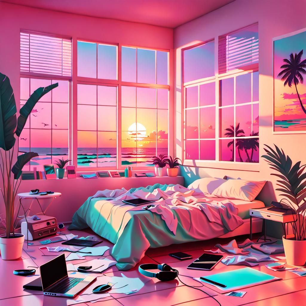Vaporwave Teen Room Interior with Sunset View