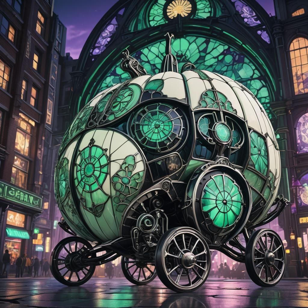 Futuristic Stained Glass Pumpkin Carriage in Neon Cityscape
