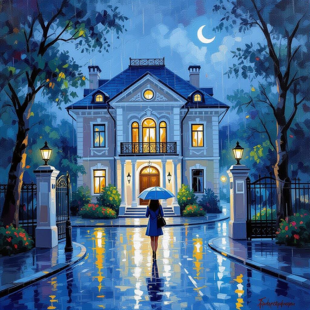 Grand Entrance After Rain with Girl Under Umbrella