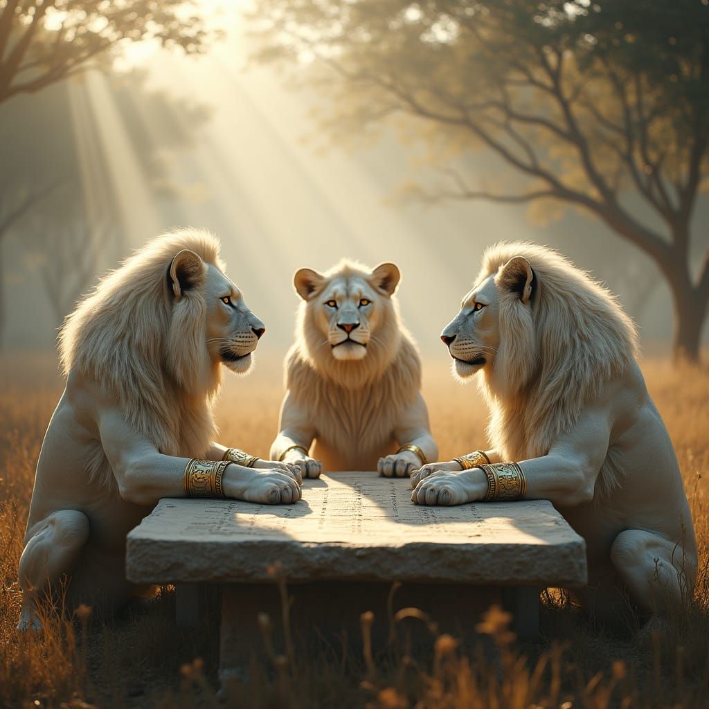 Three White Lions in Armor Convene in Misty Savanna