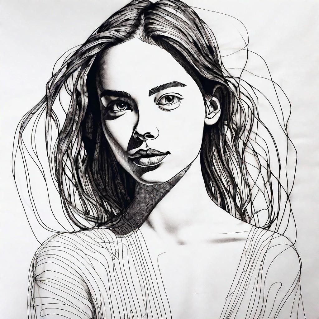 Intricate One-Line Ink Portrait of a Young Woman