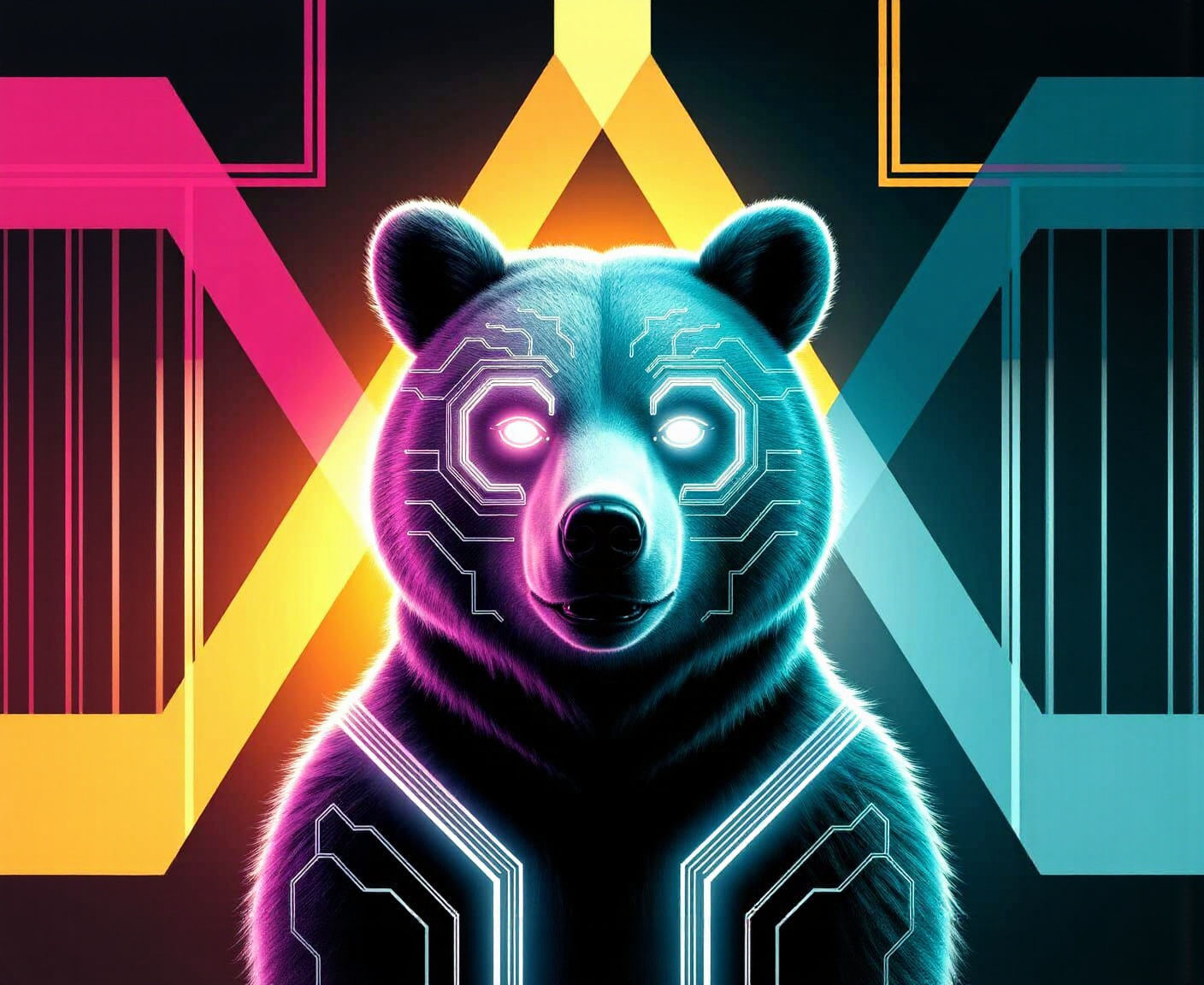 Cyberpunk Bear with Neon Eyes in Bauhaus Style