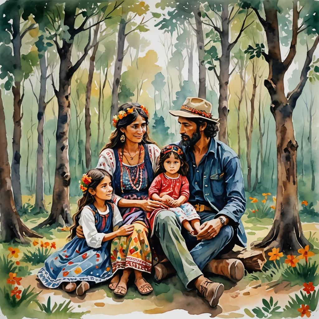 Family in Forest, Folk-Art Gouache Watercolor