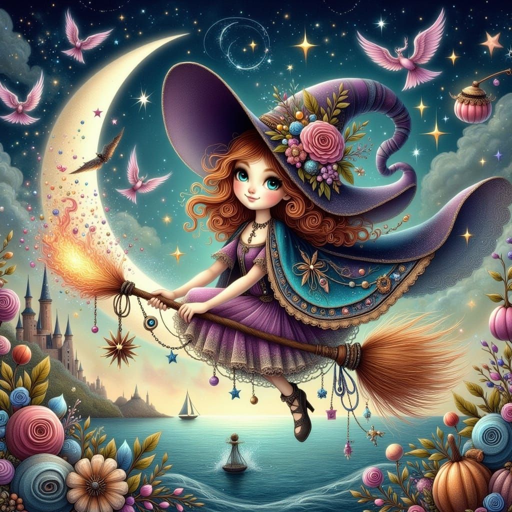 Whimsical Witch Flying Over Ocean View