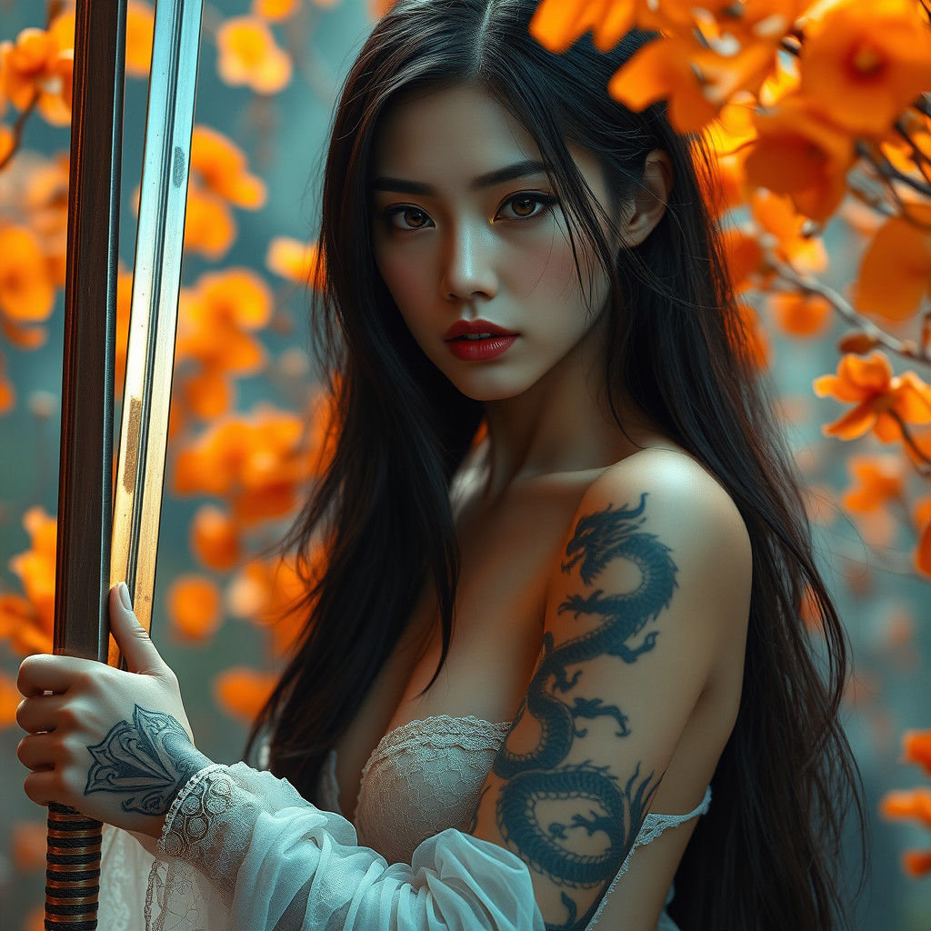 A cinematic-style, hyperrealistic photo of a Vietnamese woman with an alluring expression. She has long black hair and i...
