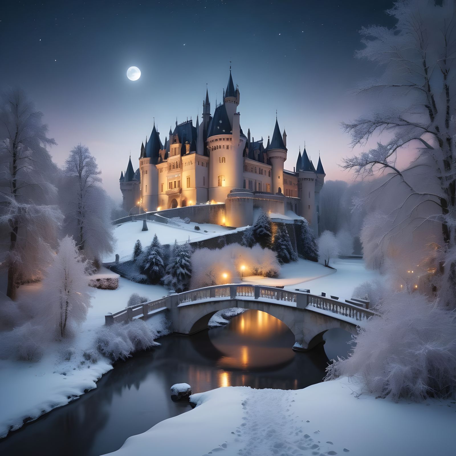 Gothic French Castle Enshrouded in Snowy Winter Wonderland