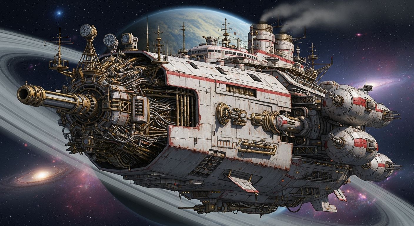 Steampunk Spaceship Over Ringed Planet in Industrial Style