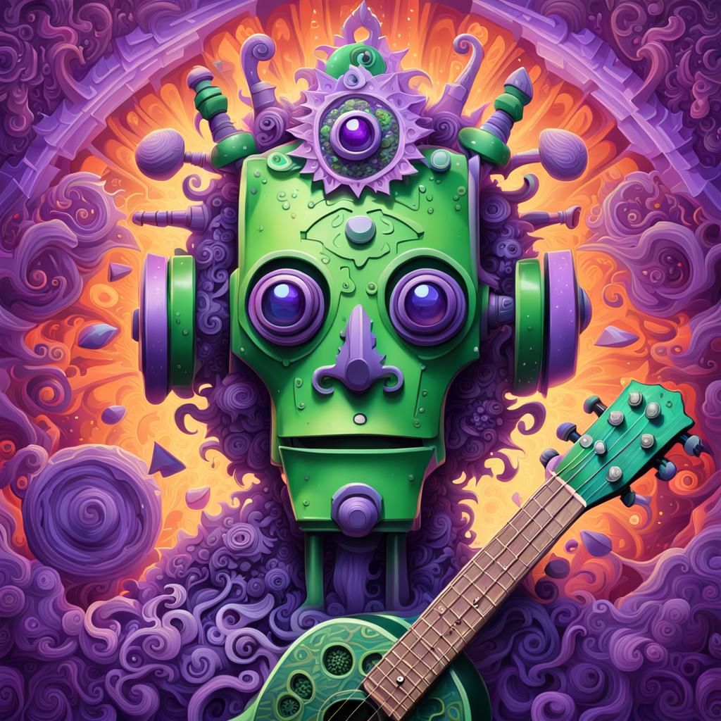 Surreal Green Robot Portrait in Psychotic Vortex