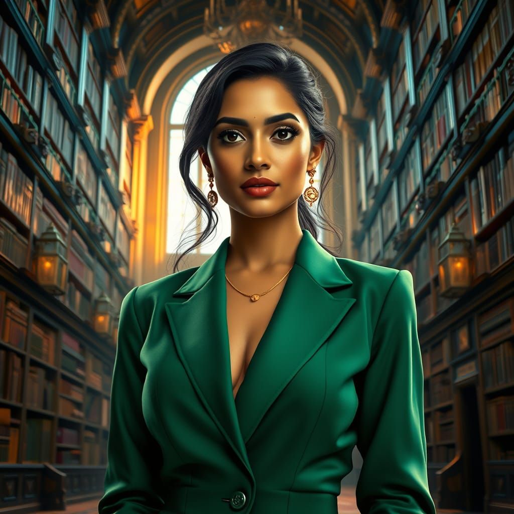 Confident Woman in Emerald Suit, Hyperrealistic Rendering