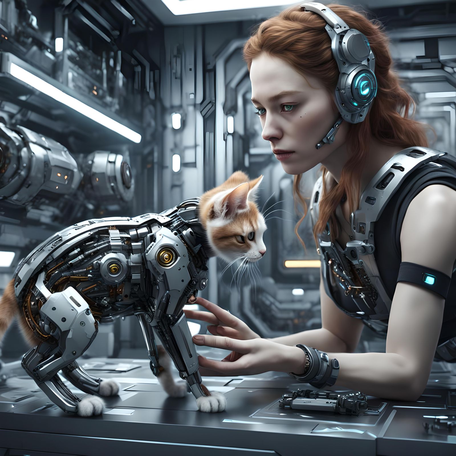 Girl and Cyborg Kitten in Dystopian 3D CGI