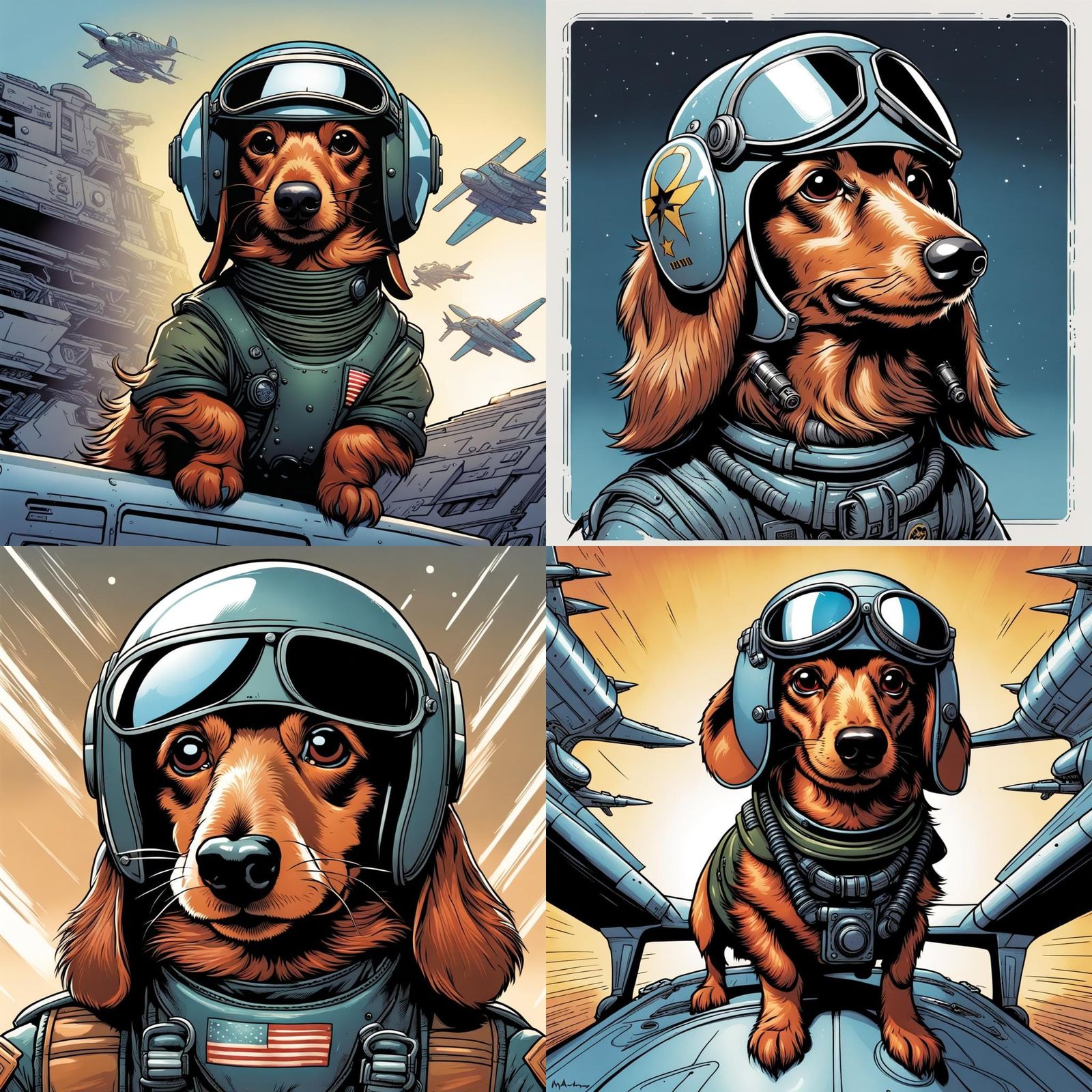 Dachshund in Pilot Helmet as Comic Book Art
