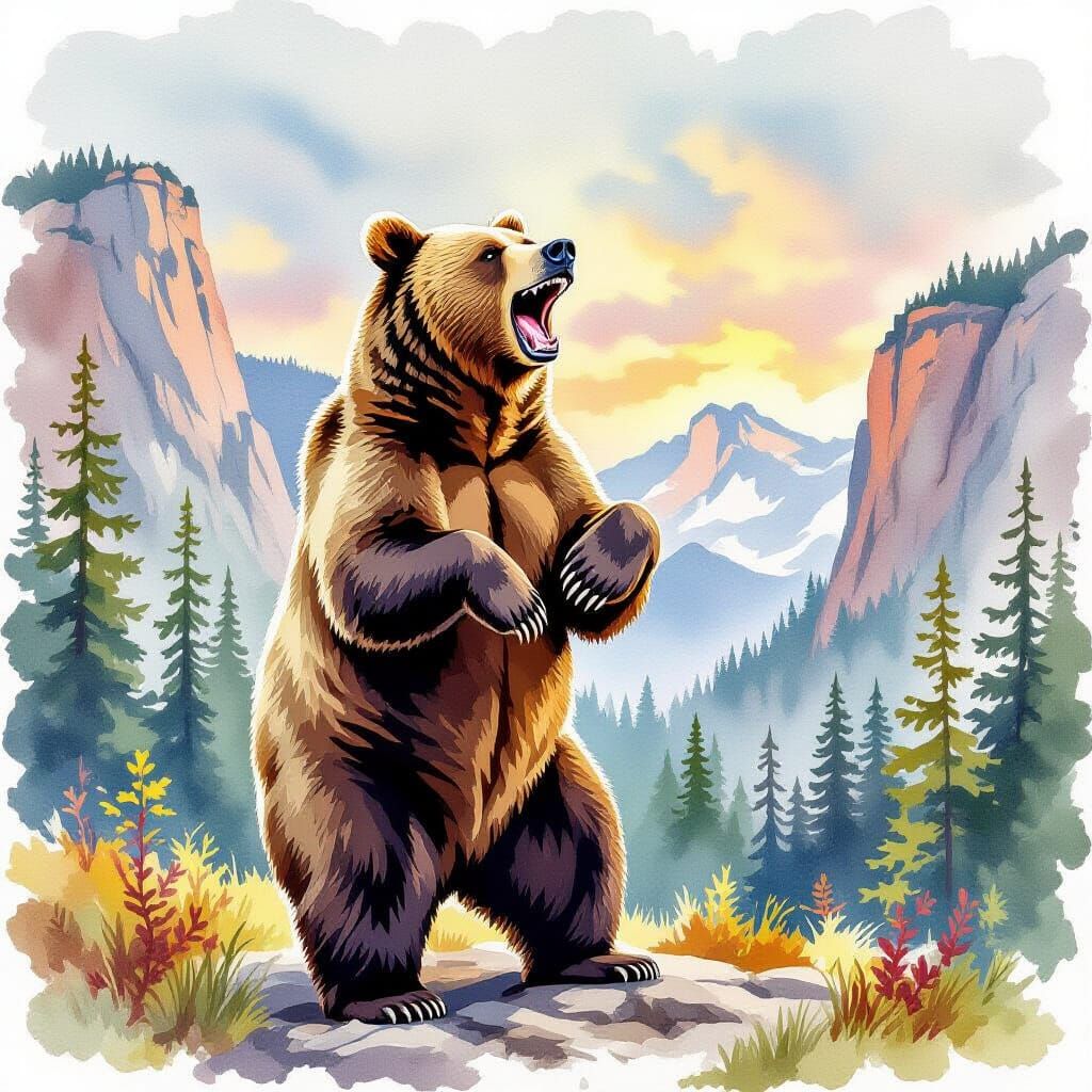 Roaring Grizzly Bear in Watercolor