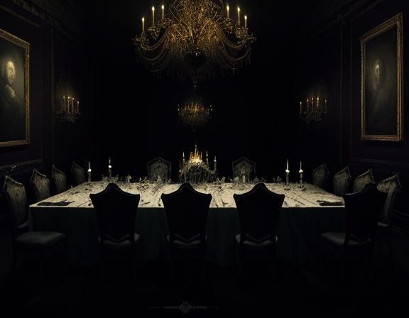 Gothic Horror: Ghostly Dinner Party in Oil Painting Style