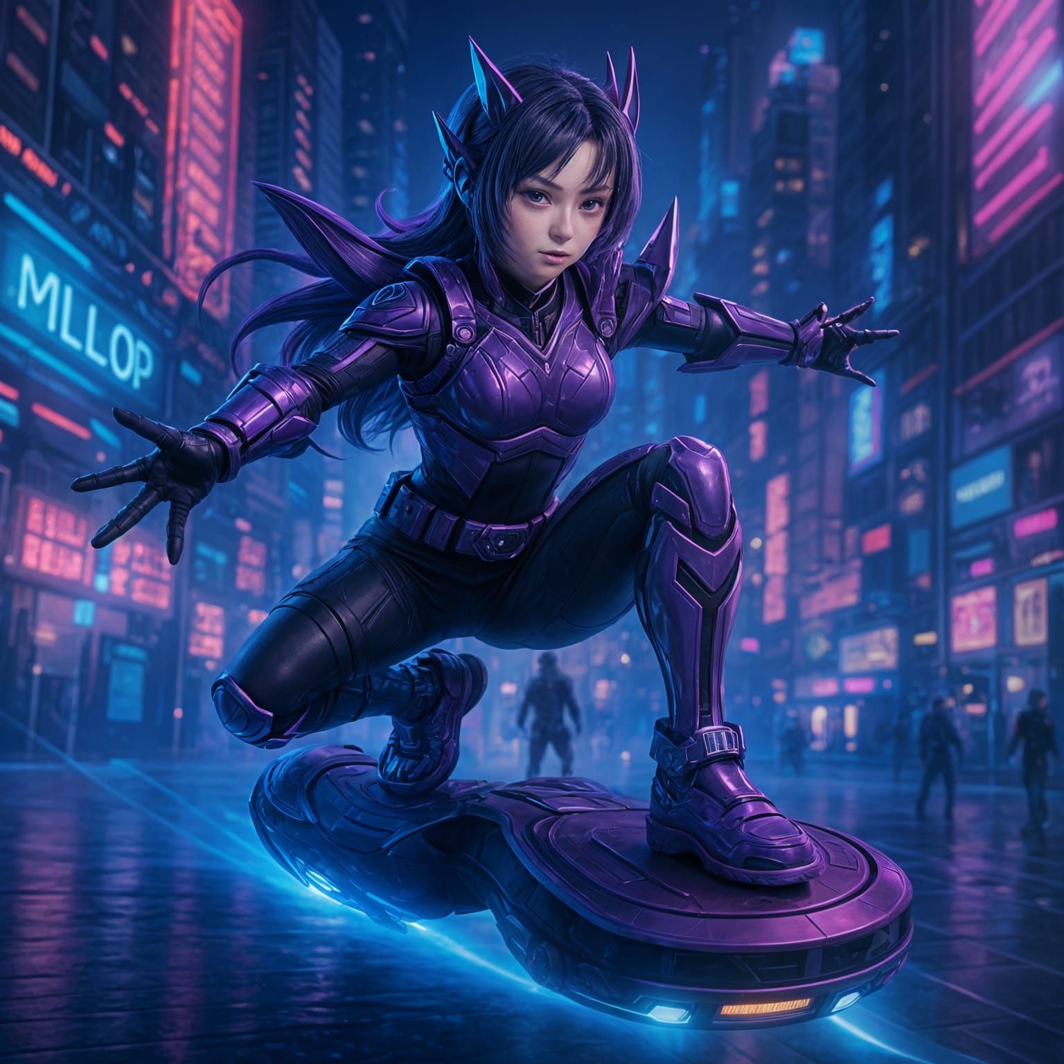 Purple Ranger Rides Hoverboard in Neon City