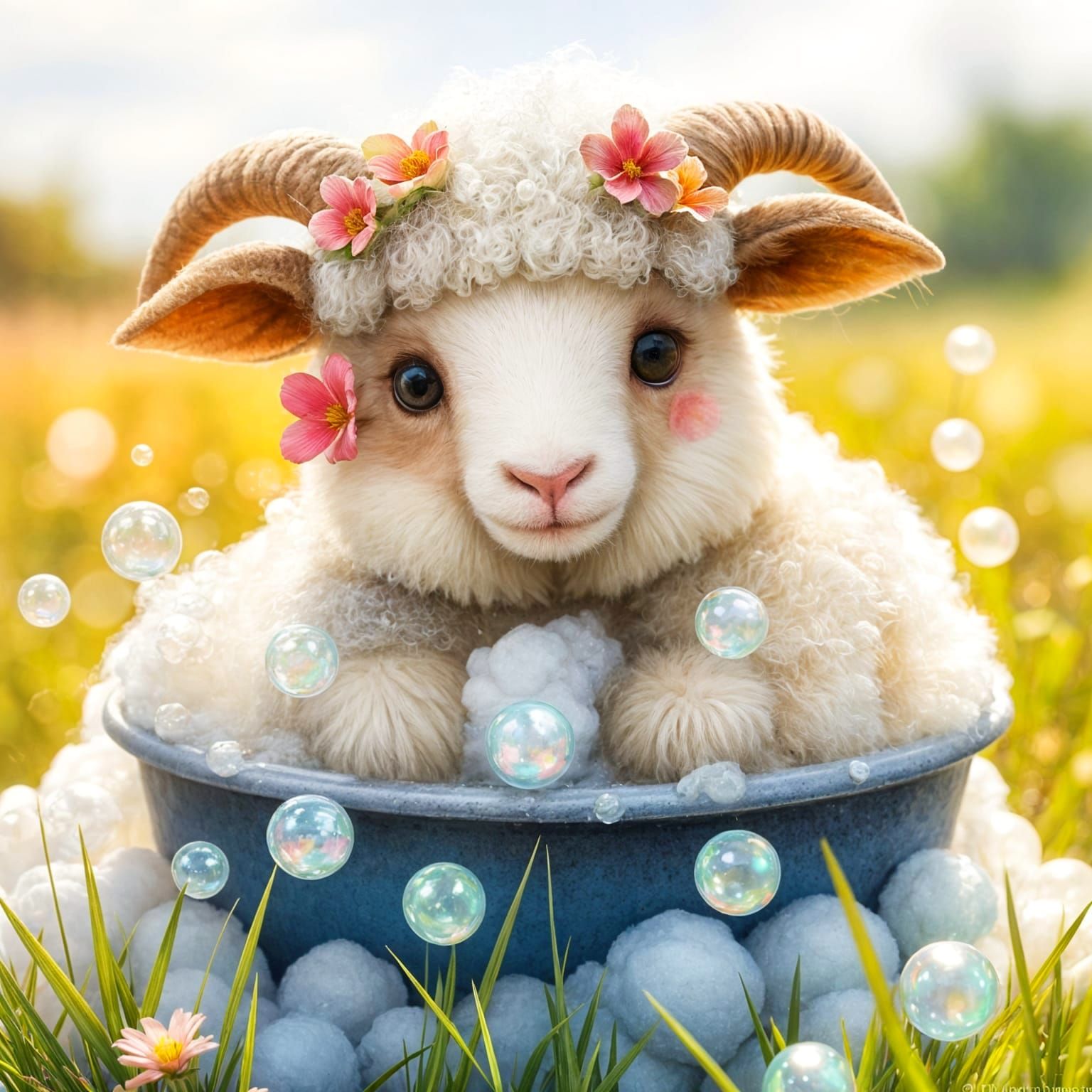 Happy Sheep Taking a Bubble Bath