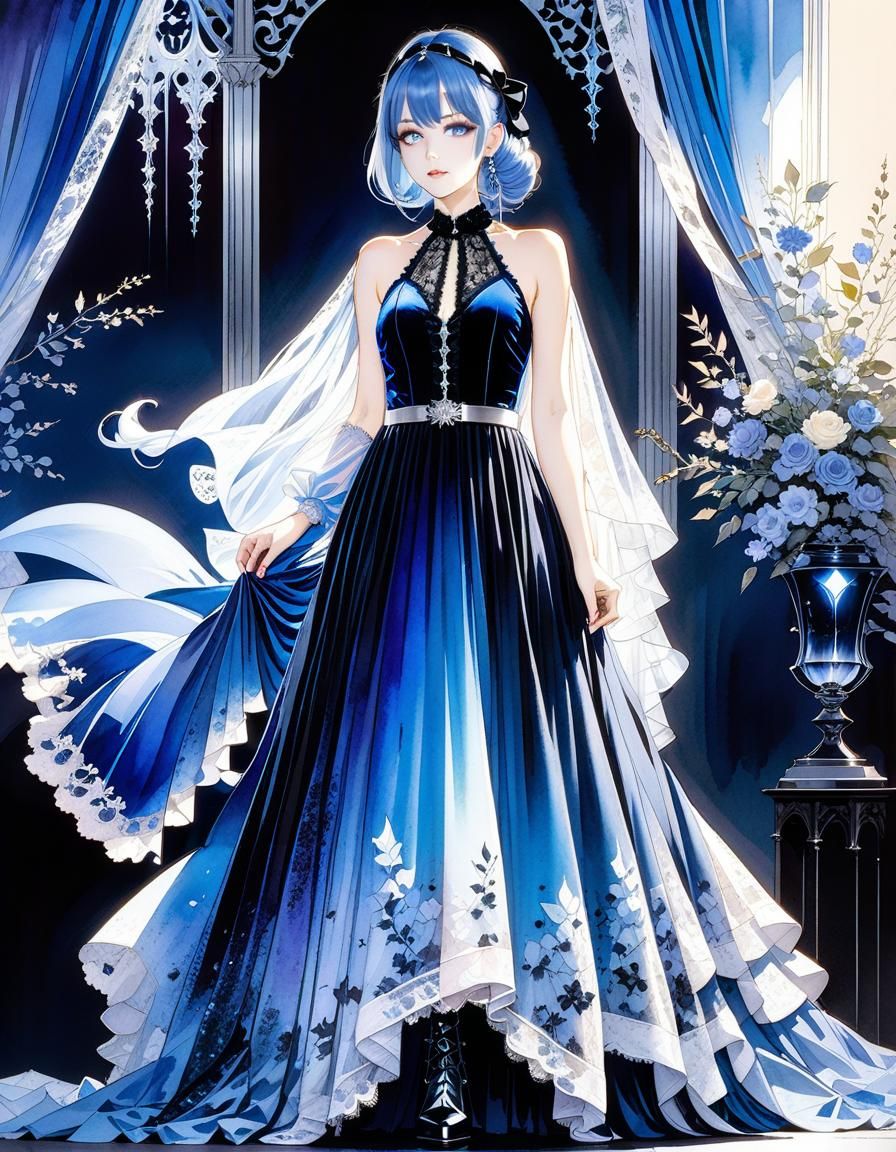 Blue Gothic Dress in Anime Cel-Shaded Style