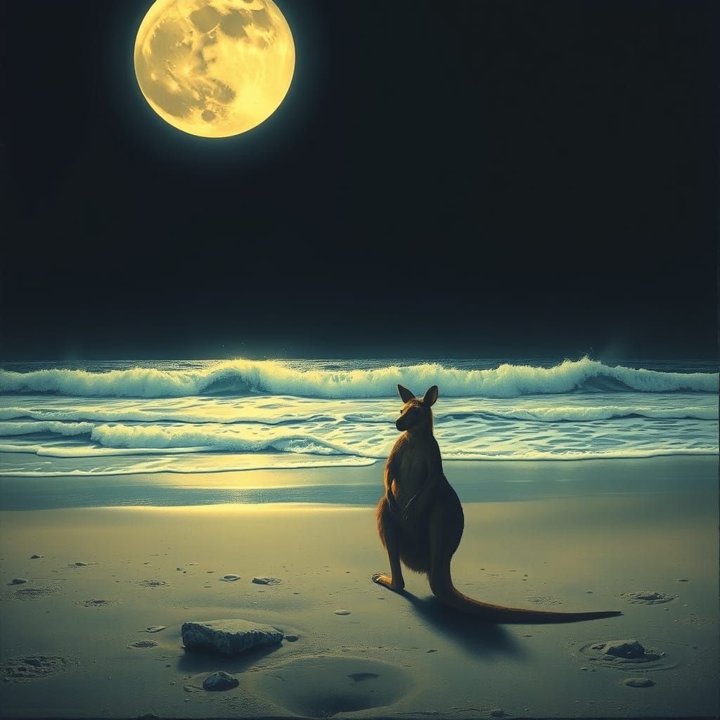 Kangaroo Contemplates the Ocean in Dark Surrealism