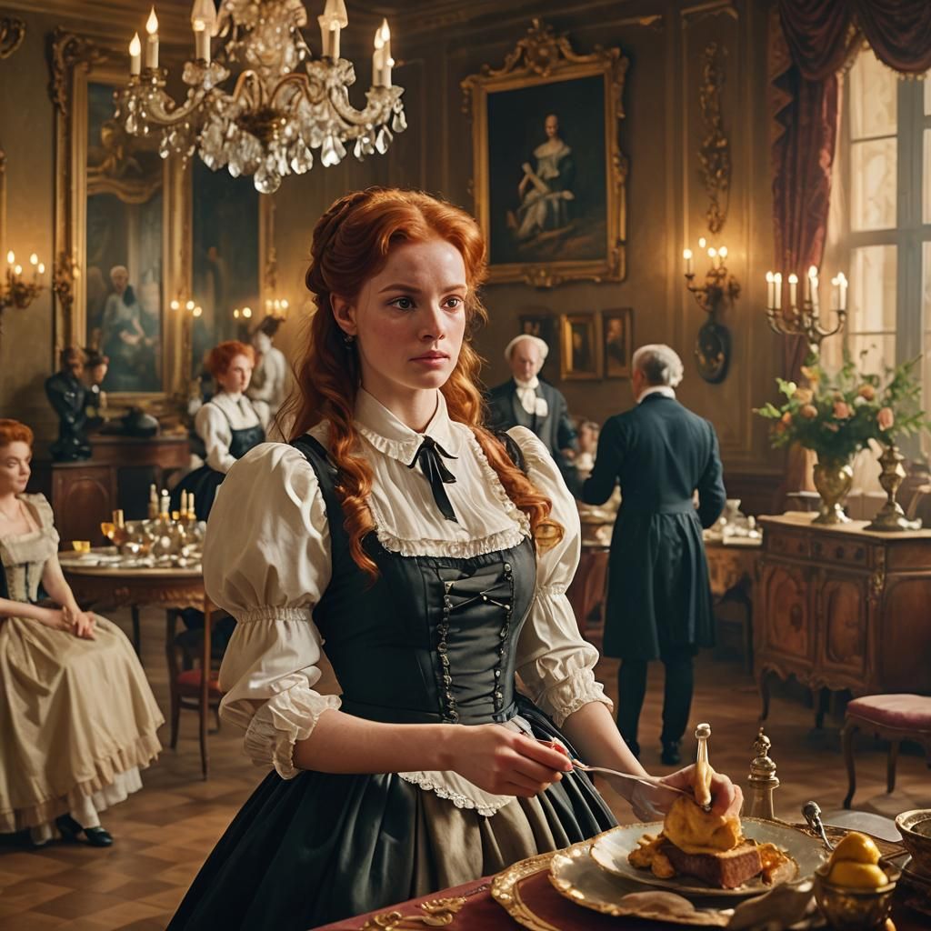 French Maid Scolded in Lavish Ballroom as Oil Painting