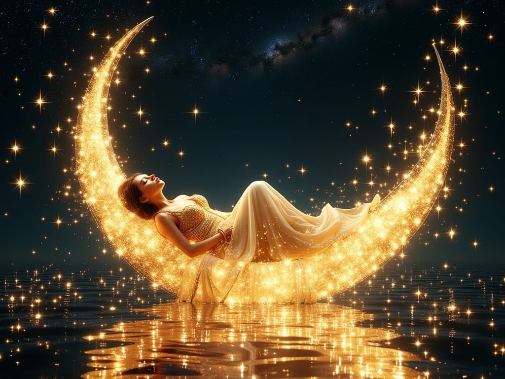 Elegant Woman Napping on Crescent Moon, Whimsical Digital Ar...