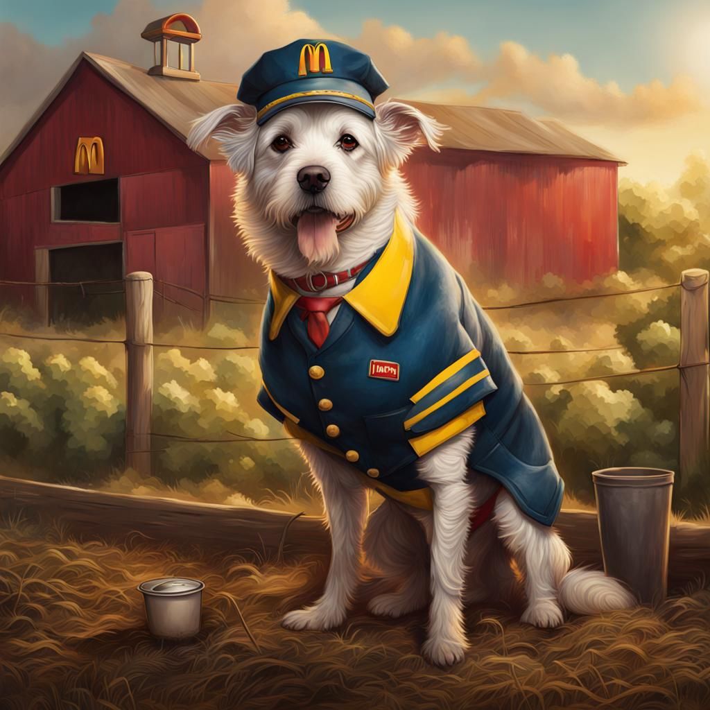 Dog in McDonald's Uniform on Farm