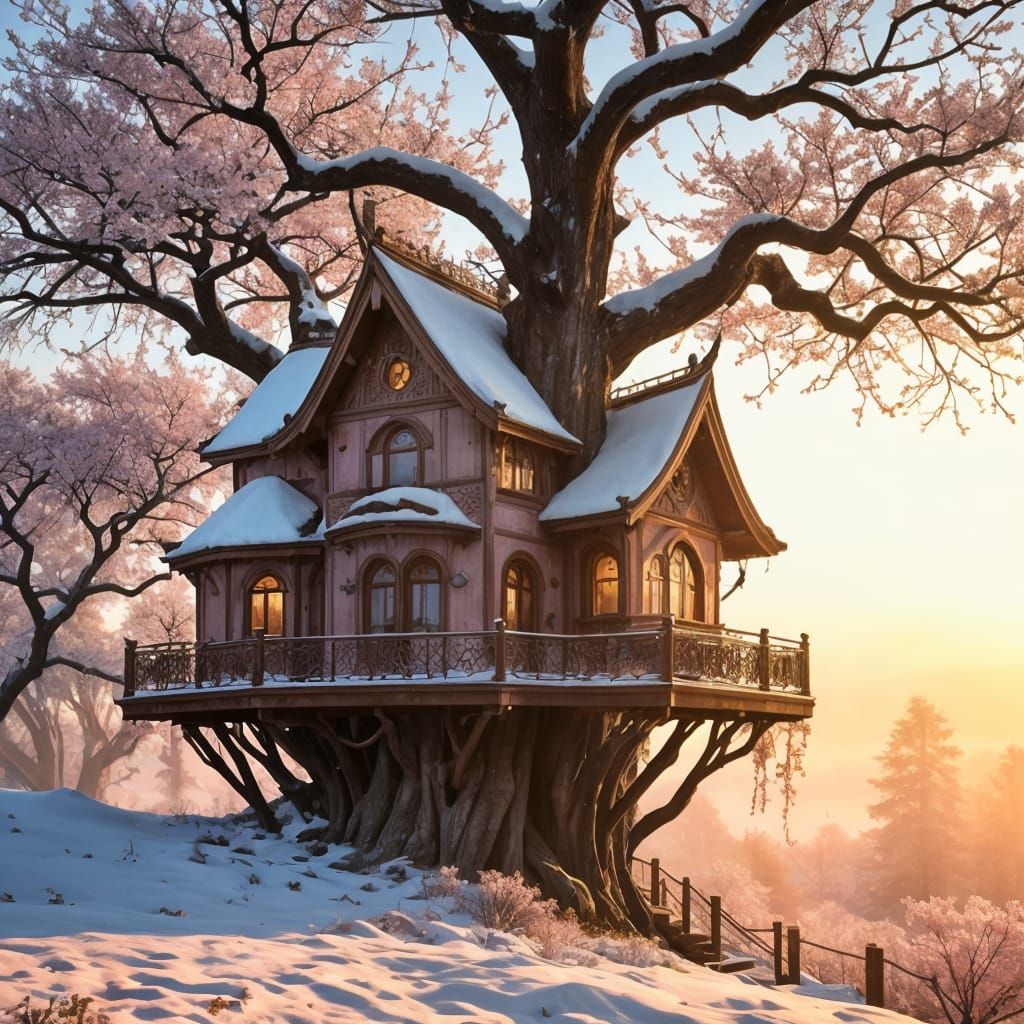 Enchanted Cherry Blossom Treehouse in Winter