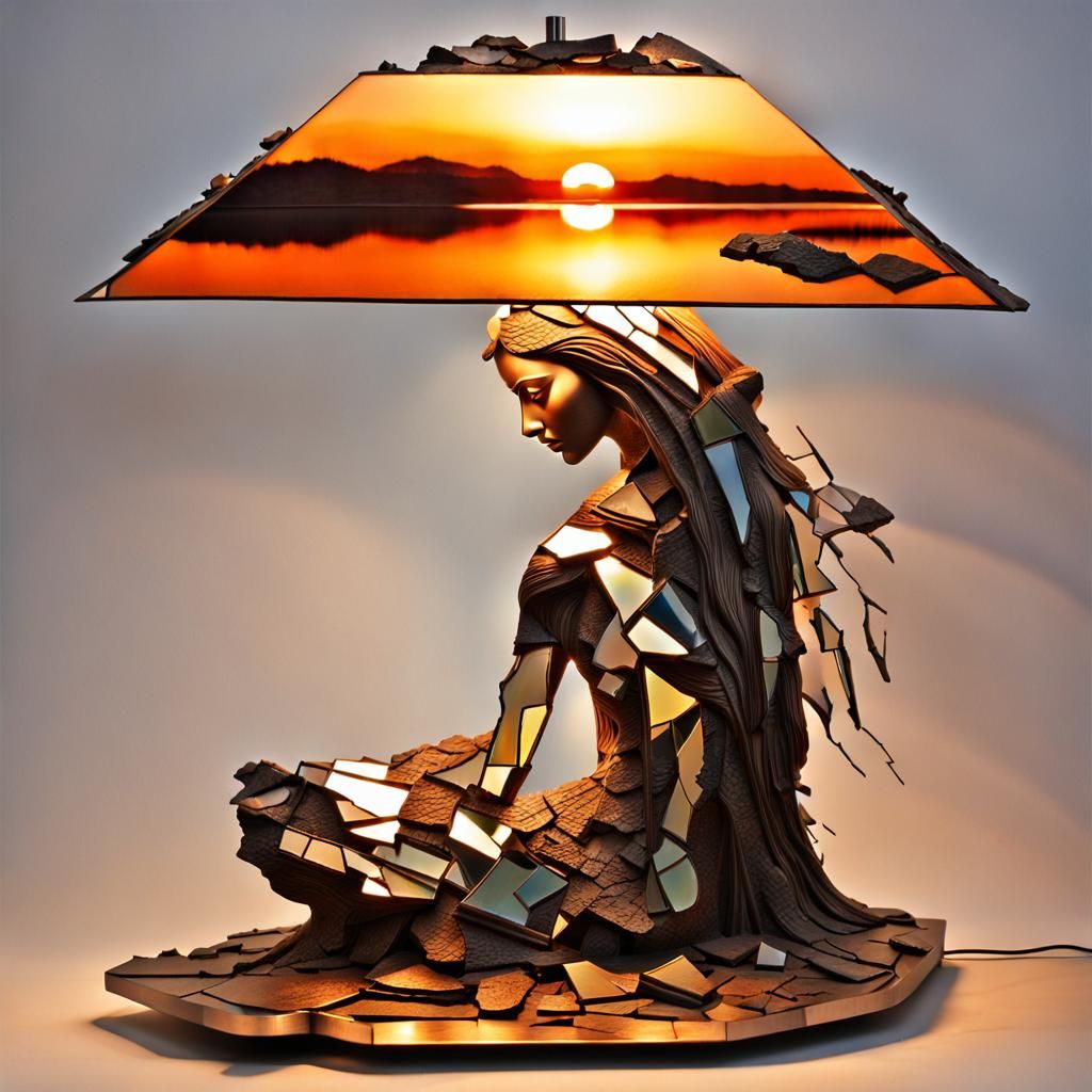 Surreal Sculpture Lamp with Kneeling Woman at Sunset