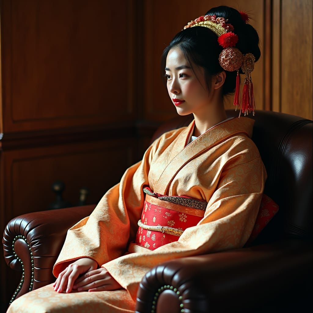 Elegant Woman in Kimono on Leather Chair