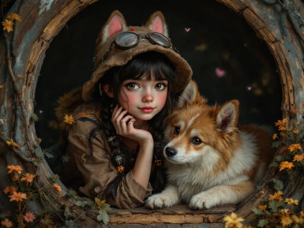 Cyberpunk Girl and Adorable Dog in a Hidden Hideaway