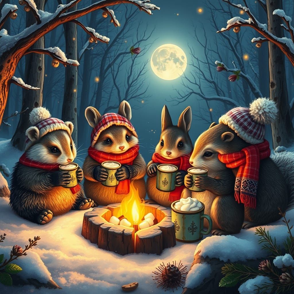 Snowy Woodland Gathering in Whimsical Winter Attire