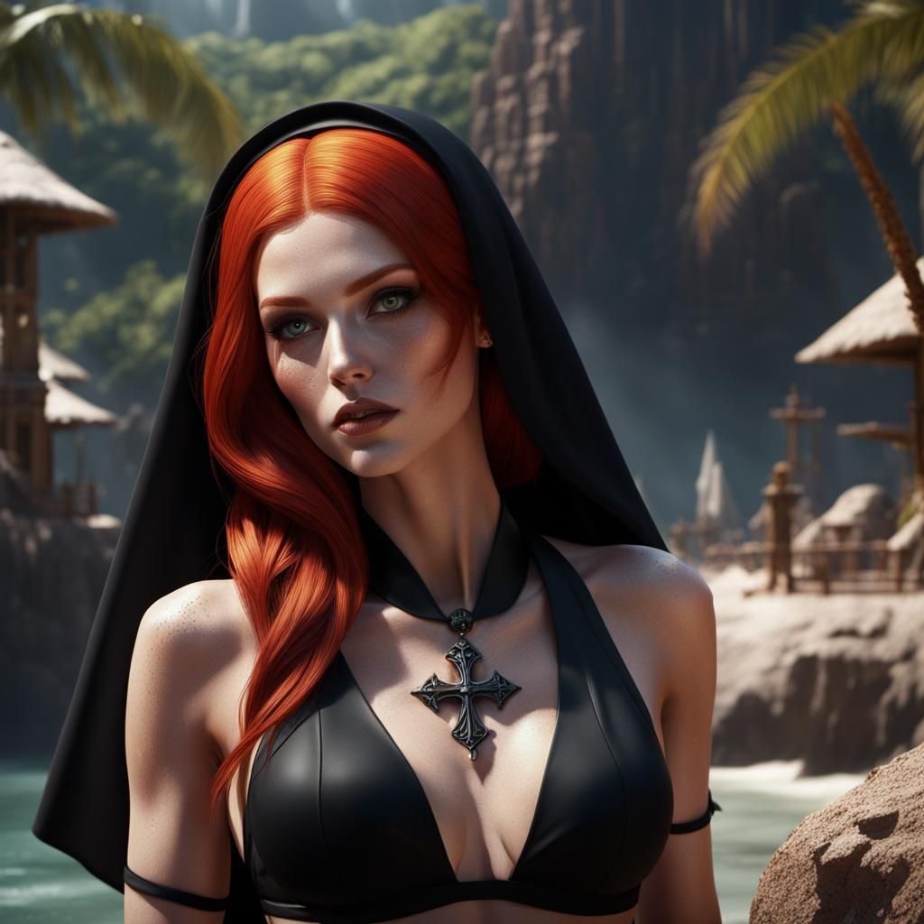 Redhead Nun in Black Bikini: Detailed Fantasy Art